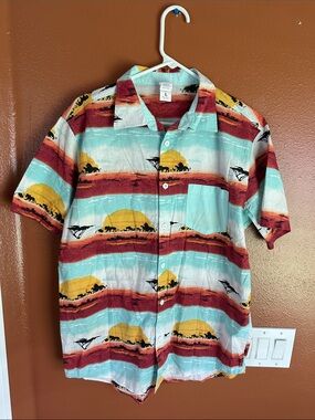 Large lion king Men's Short-Sleeve Sunset Print Button-Up Shirt